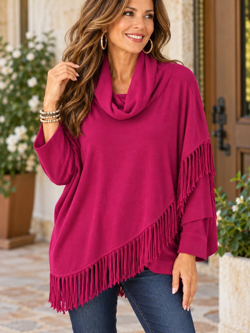 Dark Red Fringe Poncho Sweater by CHELSEA & THEODORE Sz L NWT